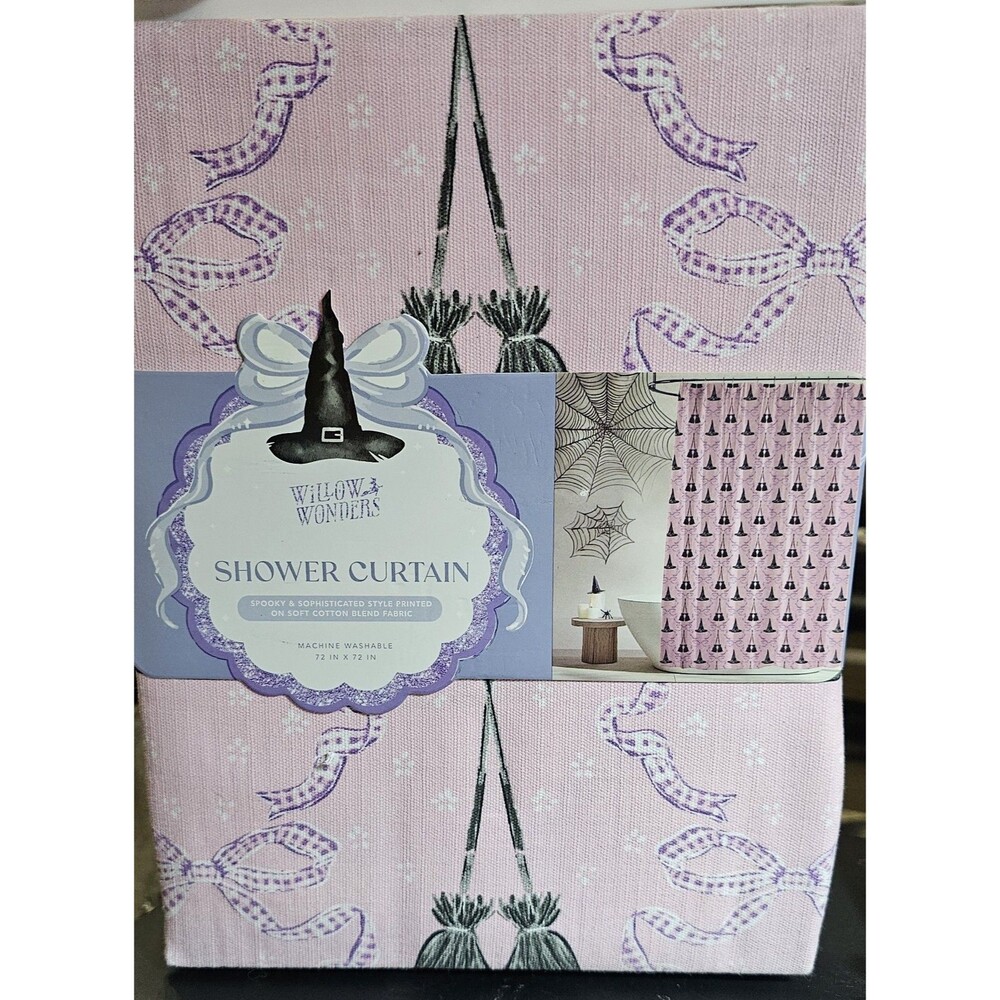 Willow Wonders Pink Halloween Witch Shower Curtain Bows Brooms 72x72 New